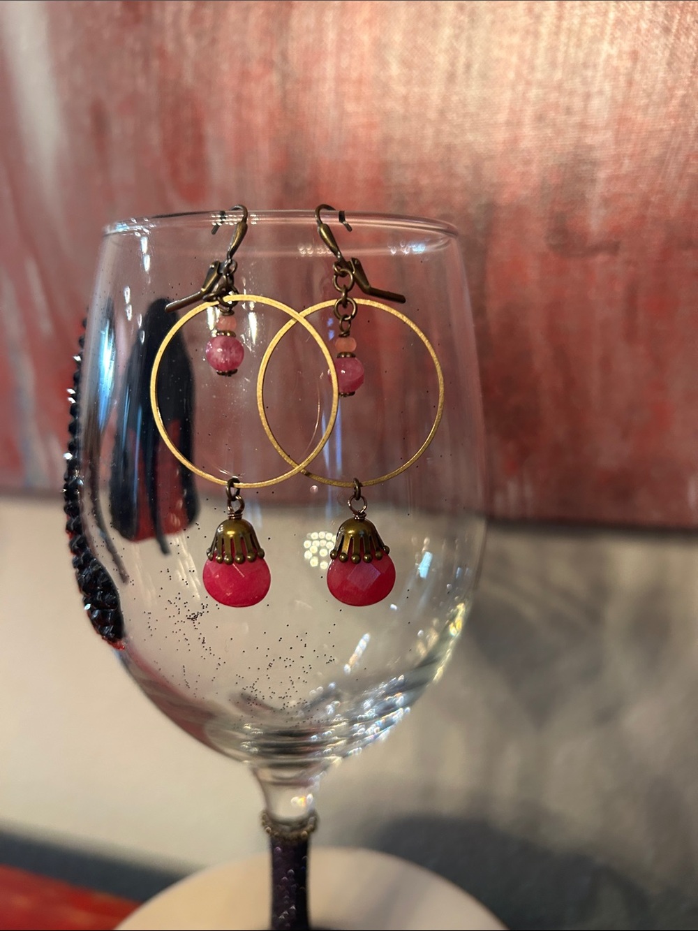Brass Hoop Earrings with Pink Bead Drops - Women's Jewelry